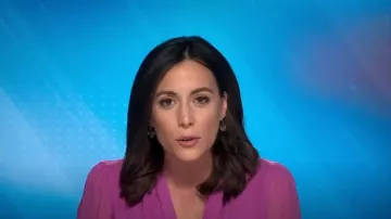 Elie Tahari Embroidered Sleeve Blouson Shirt in Peony worn by Hallie Jackson as seen in Today on August 12, 2024