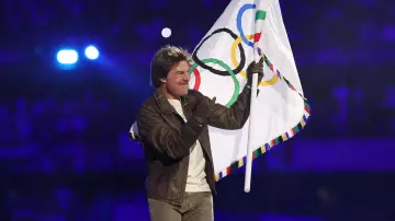 Brown Leather Jacket of Self - Performer (segment "LA28 Handover") (Tom Cruise) in Paris 2024 Olympic Closing Ceremony