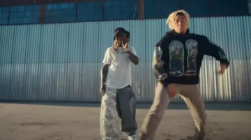 Balenciaga Grey Camo & Light Blue Denim Split Hybrid Pants worn by Lil Wayne in Cordae - Saturday Mornings (feat. Lil Wayne) [Official Music Video]