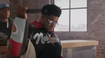 Nahmias Black, Red & Blue Colorblock Leather Jacket worn by BossMan Dlow in 2024 XXL Freshman Cypher With BigXthaPlug, BossMan Dlow and Maiya The Don