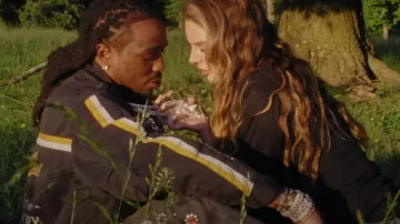 Kapital Black & Yellow Striped Working Racing Jacket worn by Quavo in Quavo, Lana Del Rey - Tough (Official Video)