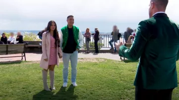 Maje Sparkly Ribbed Knit Dress In Light Pink worn by Jenn Tran as seen in The Bachelorette (S21E06)