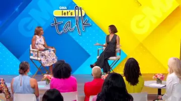 Alberta Ferretti Striped Viscose Knit Jumpsuit in Dark Grey worn by Halle Berry as seen in Good Morning America on August 15, 2024