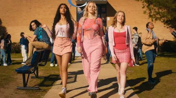 Get the looks of Mean Girls movie: Gretchen Wieners (Bebe Wood) wears Marine Serre Regenerated Moon Jacquard Pink Mini Skirt