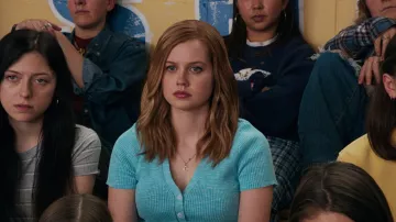 Mean Girls Wardrobe: Angourie Rice wears Tommy Hilfiger Sweater Hookup Maui Multi Cardigan in turquoise blue to portray Cady Heron