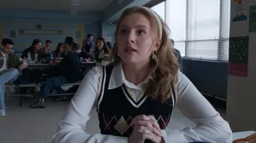 Wardrobe of Mean Girls: Bebe Wood wears Cider Argyle Plaid Crop Sweater Vest to portray Gretchen Wieners in the movie