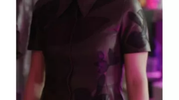 Tenues d’Emily in Paris : Elise (Anaïs Weill) porte une robe en cuir patchwork floral dans la saison 4, épisode 2