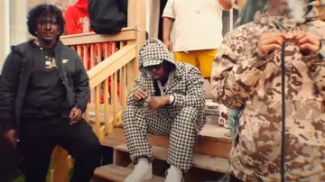 Burberry White & Black Houndstooth Trackpants worn by EST Gee in EST Gee - NEVER NEED (Feat. Selfpaid Savage) [Official Video]