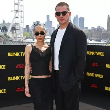 Saint Laurent Laced Tank Top in Ribbed Silk Jersey worn by Zoë Kravitz at Blink Twice London Photocall on August 18, 2024