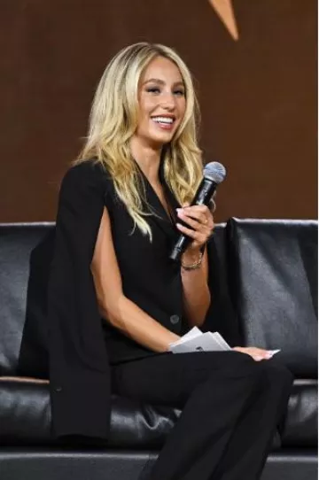 Ferragamo Tailored Blazer with Cut out worn by Alix Earle at Fanatics Fest NYC on August 17, 2024