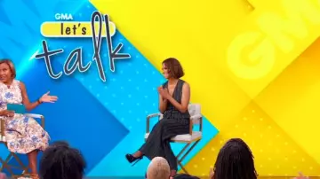 Alberta Ferretti Striped Viscose Knit Jumpsuit In Dark Grey worn by Halle Berry as seen in Good Morning America on August 15, 2024