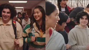 Cobra Kai TV series outfits: Devon Lee (Oona O’Brien) wears colorblock gren and beige hoodie in season 6, episode 3