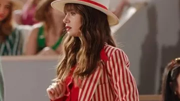 Emily in Paris TV series Outfits: Emily Cooper (Lily Collins)  wears in Roland Garros Striped Suit by Tara Jarmon in season 4, episode 1