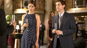 Besty and Adam Chiffon Blue Foil Dot Gown by Monica Hall (Amanda Crew) as seen in Silicon Valley (S06E02)