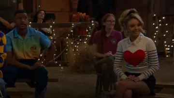 J Crew Puff-Sleeve Heart Sweater worn by Destiny Baker (Mallory James Mahoney) as seen in BUNK'D: Learning the Ropes (S07E17)