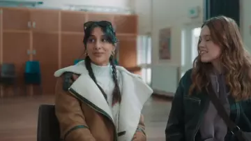 Stradivarius Cropped Aviator Jacket With Contrast Piping In Tan worn by Cherry (Taj Atwal) as seen in Daddy Issues (S01E04)