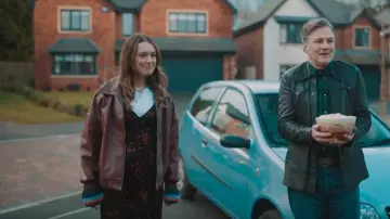 Princess Polly Goldsmith Faux Leather Bomber Jacket Burgundy worn by Gemma (Aimee Lou Wood) as seen in Daddy Issues (S01E04)