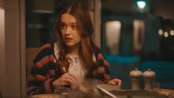 Monki Long Knit Cardigan In Navy Blue Stripe worn by Gemma (Aimee Lou Wood) as seen in Daddy Issues (S01E04)