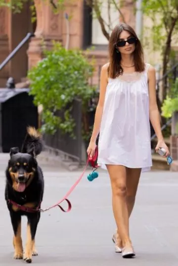Prada Cotton Poplin and Lace Mini Dress worn by Emily Ratajkowski in NYC on August 19, 2024