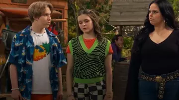 Urban Revivo Stripe Knitted V Neck Sweater Vest in Green worn by Winnie Webber (Shiloh Verrico) as seen in BUNK'D: Learning the Ropes (S07E21)