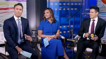 Theory Tailored Short Sleeve Shirtdress in Wave worn by Mary Bruce as seen in Good Morning America on August 26, 2024