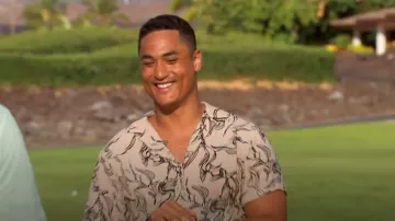 Open Edit Relaxed Abstract Ribbon Print Camp Shirt In Tan Thread Abstract Ribbon worn by Marcus Shoberg as seen in The Bachelorette (S21E08)