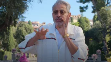 Wardrobe of KAOS TV show: Zeus (Jeff Goldblum) wears Gucci Viscose Jacket in season 1, episode 1