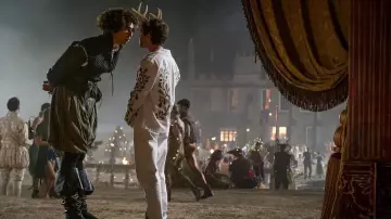 Outfits of Saltburn movie: Barry Keoghan wears Green Leaf Embroidery White Jacket and Pants set to portray Oliver Quick