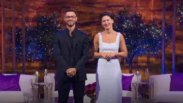 Galvan Bridal Beating Heart sequined Maxi Skirt worn by Emma Willis as seen in Love Is Blind: UK (S01E12)