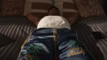 Rhude Palm Satin Souvenir Shorts In Navy Mustard Yellow worn by Will Smith (Jabari Banks) as seen in Bel-Air (S03E09)