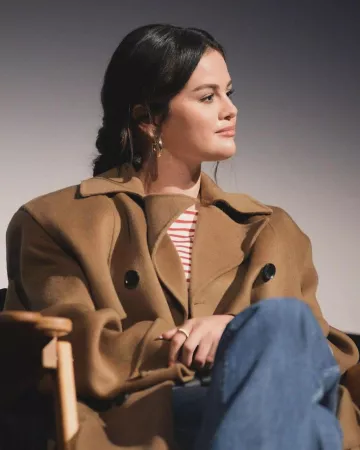 Simple Retro Violet Round Neck Striped Cotton T-Shirt worn by Selena Gomez at Telluride Film Festival on September 1, 2024
