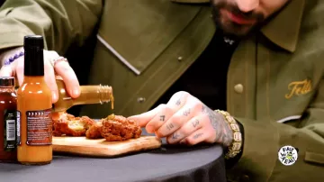 Zayn Malik is wearing Fetti Trench Denim Jacket in olive green in Hot Ones