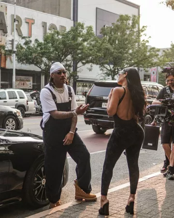 Prada Navy Blue Corduroy Overalls worn by Future on the Instagram account @futurehendrixbandz