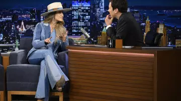 Outfits from The Tonight Show Starring Jimmy Fallon: Lainey Wilson is wearing Denim Jacket and pants set on September 10, 2024
