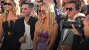 Versace Lace Bodysuit in Bright Dark Orchid worn by Tracy Tutor as seen in Million Dollar Listing Los Angeles (S15E10)