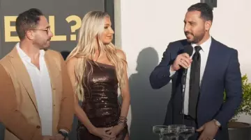 David Koma Ruched One Shoulder Sequin Midi Dress worn by Heather Altman as seen in Million Dollar Listing Los Angeles (S15E10)