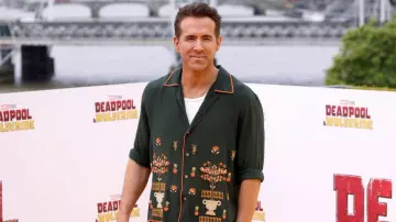 Ryan Reynolds is wearing green bowling printed shirt for Deadpool & Wolverine photocall arrivals & fan greeting at IET London on July 12, 2024 in London