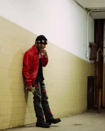 Chaqueta roja de felpa Pelle Pelle Puff usada por Lil Durk en la cuenta de Instagram @lildurk
