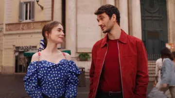 Vivienne Westwood Blue Polka Dot Top worn by Emily Cooper (Lily Collins) as seen in Emily in Paris (S04E09)