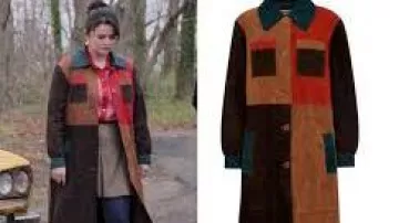 Garments of Only Murders in the Building:  Mabel Mora (Selena Gomez) is wearing Multicolor Suede Patchwork Coat in season 4, episode 4