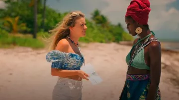 Alice + Olivia Crawford Lace Up Smocked Top worn by Eve Stripling (Meredith Hagner) as seen in Bad Monkey (S01E07)