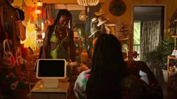 Cult Gaia Women's Green Kumi Cutout Snake-Print Stretch-Mesh Midi Dress worn by Dragon Queen (Jodie Turner-Smith) as seen in Bad Monkey (S01E07)