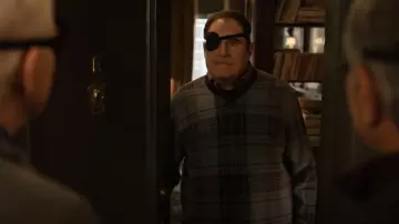 Brooks Brothers Garment Wash Madras Plaid Jacquard Sweater in Madrass Blue worn by Vince Fish (Richard Kind) as seen in Only Murders in the Building (S04E03)