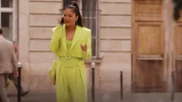 Roger Vivier Viv' Skate Strass Buckle Mini Bucket Bag In Raffia worn by Mindy Chen (Ashley Park) as seen in Emily in Paris (S04E10)