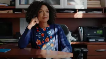 C&E Navy Blue Orange Floral Ruffle Split Neck Blouse 3/4 Sleeve Womens worn by Diane (Valarie Pettiford) as seen in The Baxters (S01E04)