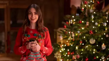 Wardrobe of Emily in Paris Season 4 : Emily Cooper (Lily Collins) 
wears Red Christmas Sweater in episode 6