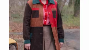 Outfits of Only Murders in the Building: Selena Gomez wears Colorblock Suede Coat to portray Mabel Mora in season 4, episode 4