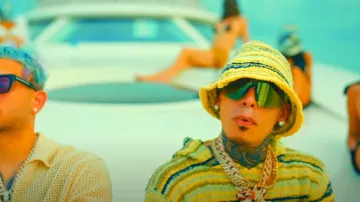 Marni Pale Yellow Striped Knit Bucket Hat worn by Luar La L in Luar La L x Dei V - Dame La Verde (Official Video)