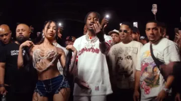 Off White White & Red Gothic Football Jersey worn by Lil Tjay in Yailin La Mas Viral, Lil Tjay - Step Up (Video Oficial)