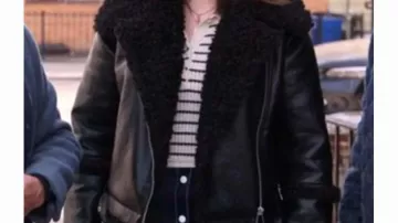 Only Murders in the Building Wardrobe: Selena Gomez is wearing Sherpa Moto Jacket in leather to play Mabel Mora in season 4, episode 4